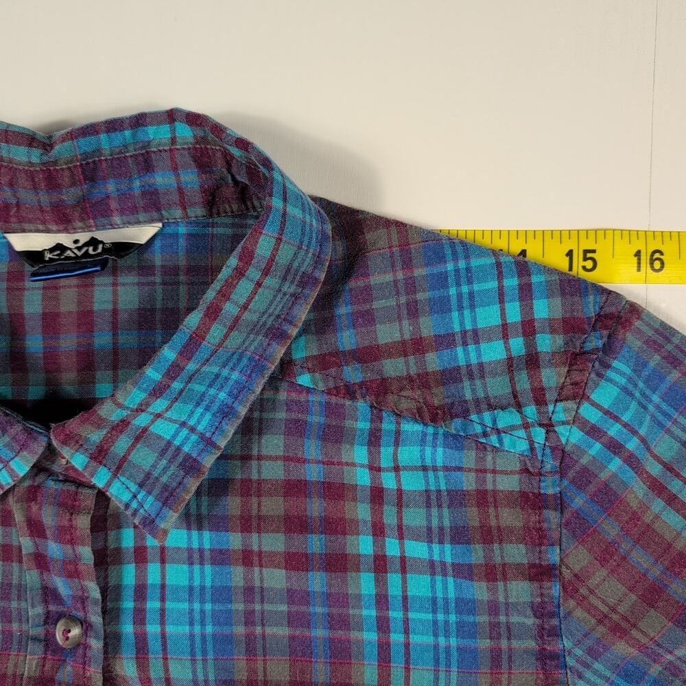 KAVU Men’s L Plaid Flannel Shirt Blue Teal Maroon Long Sleeve Casual Outdoor - Picture 6 of 14
